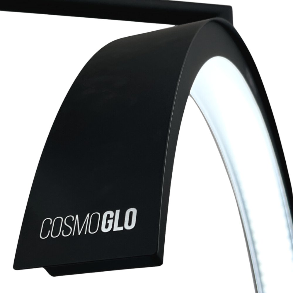 Black CosmoGlo Half Moon Light for Eyelash Extensions, Tattoo Artists, PMU, Facialist and Skincare. cosmoglow. half moon lash light. ring light tattoo artists and pmu artists