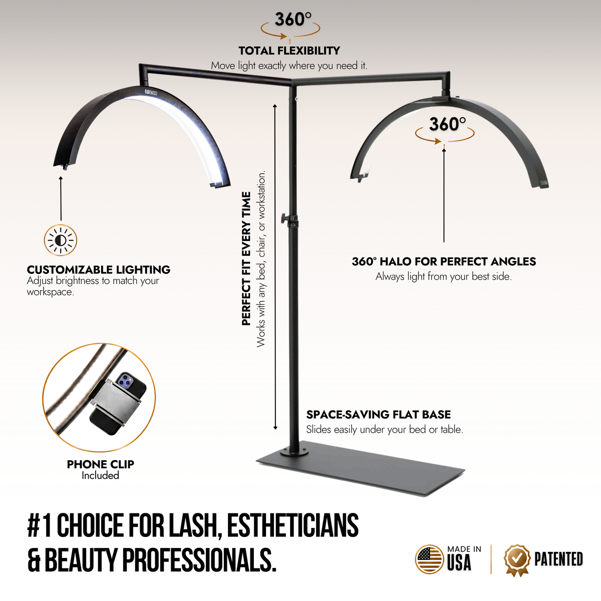 A black cosmoglow LED light bar for lash or esthetic use, shown on a beige background with marketing callouts and feature icons. The graphic highlights 360-degree total flexibility, customizable lighting, a phone clip included, and a flat space-saving base.