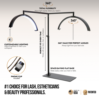 A black cosmoglow LED light bar for lash or esthetic use, shown on a beige background with marketing callouts and feature icons. The graphic highlights 360-degree total flexibility, customizable lighting, a phone clip included, and a flat space-saving base.