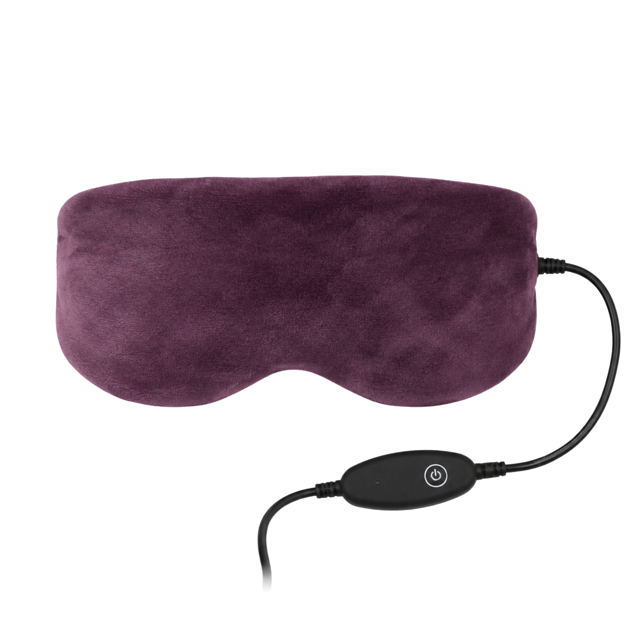 A plush, electric heating eye mask in a deep plum purple color, shown with its black power cable and switch on a solid white background.