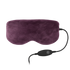 A plush, electric heating eye mask in a deep plum purple color, shown with its black power cable and switch on a solid white background.