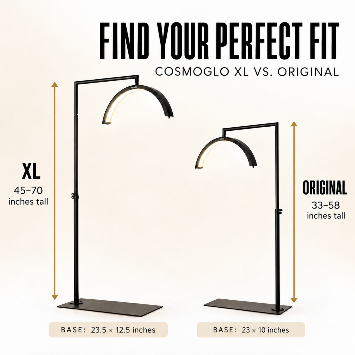 A size comparison graphic for floor lamps, showing two black arched LED floor lamps labeled XL and ORIGINAL with height and base measurements on a light beige background.