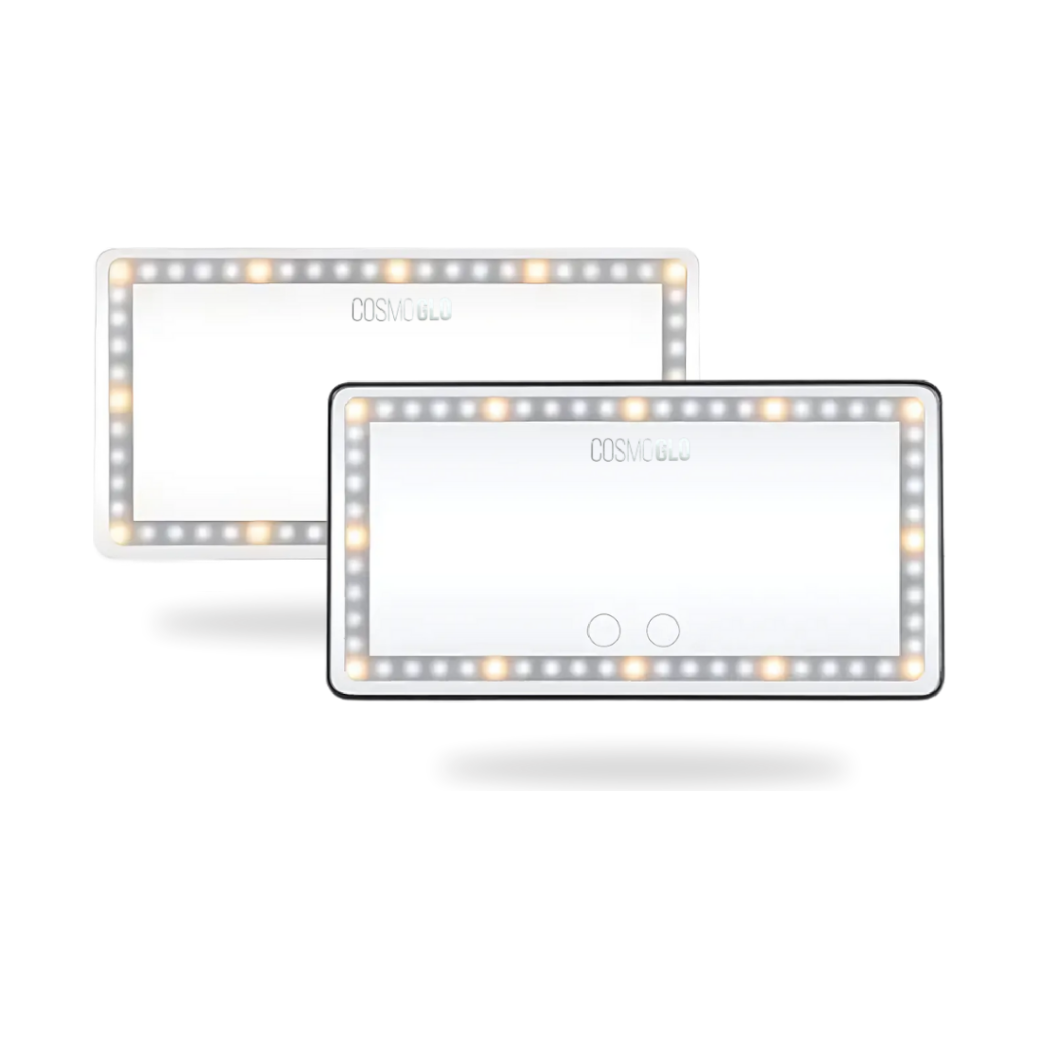 Lighted car visor mirror from The CosmoGlo accessories line showing illuminated reflective surface for vanity use.