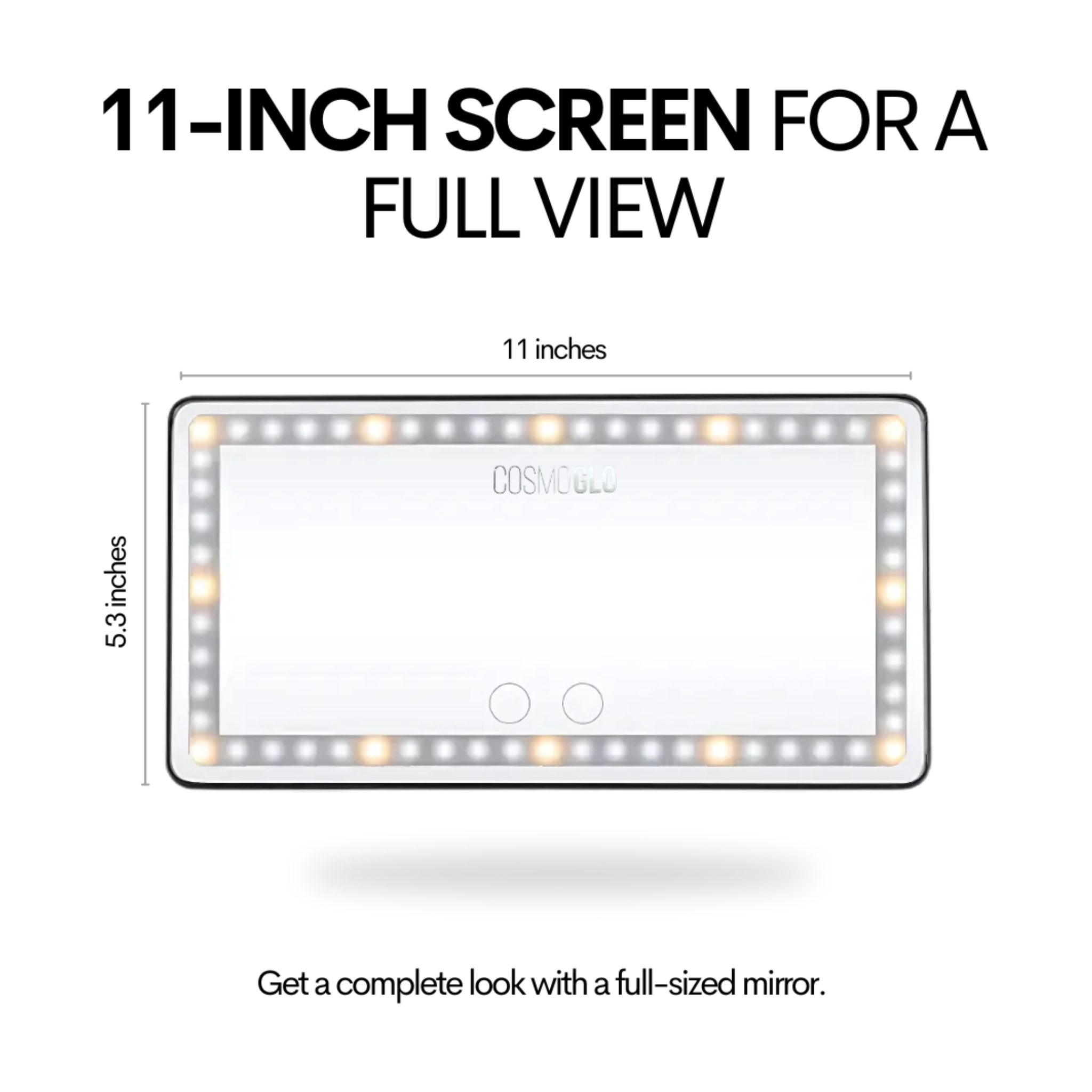 Lighted car visor mirror from The CosmoGlo Accessories, showing reflective surface with built-in LED lights.