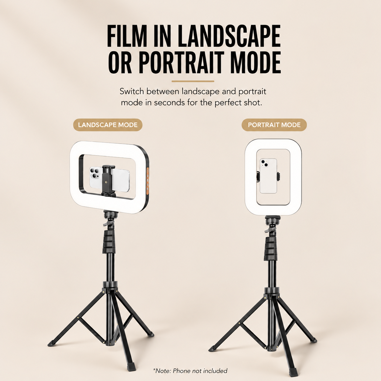 A product infographic showing a black ring light on a tripod in landscape and portrait modes, with text explaining how to switch between the two modes on a beige background.
