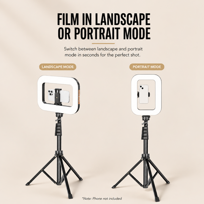 A product infographic showing a black ring light on a tripod in landscape and portrait modes, with text explaining how to switch between the two modes on a beige background.