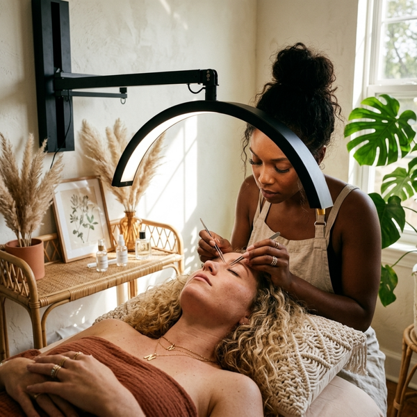 A black LED brow lamination lamp mounted on a wall, being used by a beauty therapist working over a client's eyebrows in a bright, styled spa room.