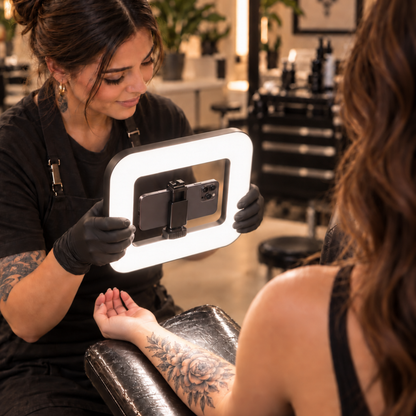 A tattoo artist wearing black gloves holds a rectangular ring light with a phone mounted inside, illuminating the artist&