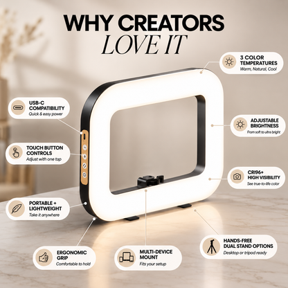 A ring light product infographic on a light gray background with text callouts reading &