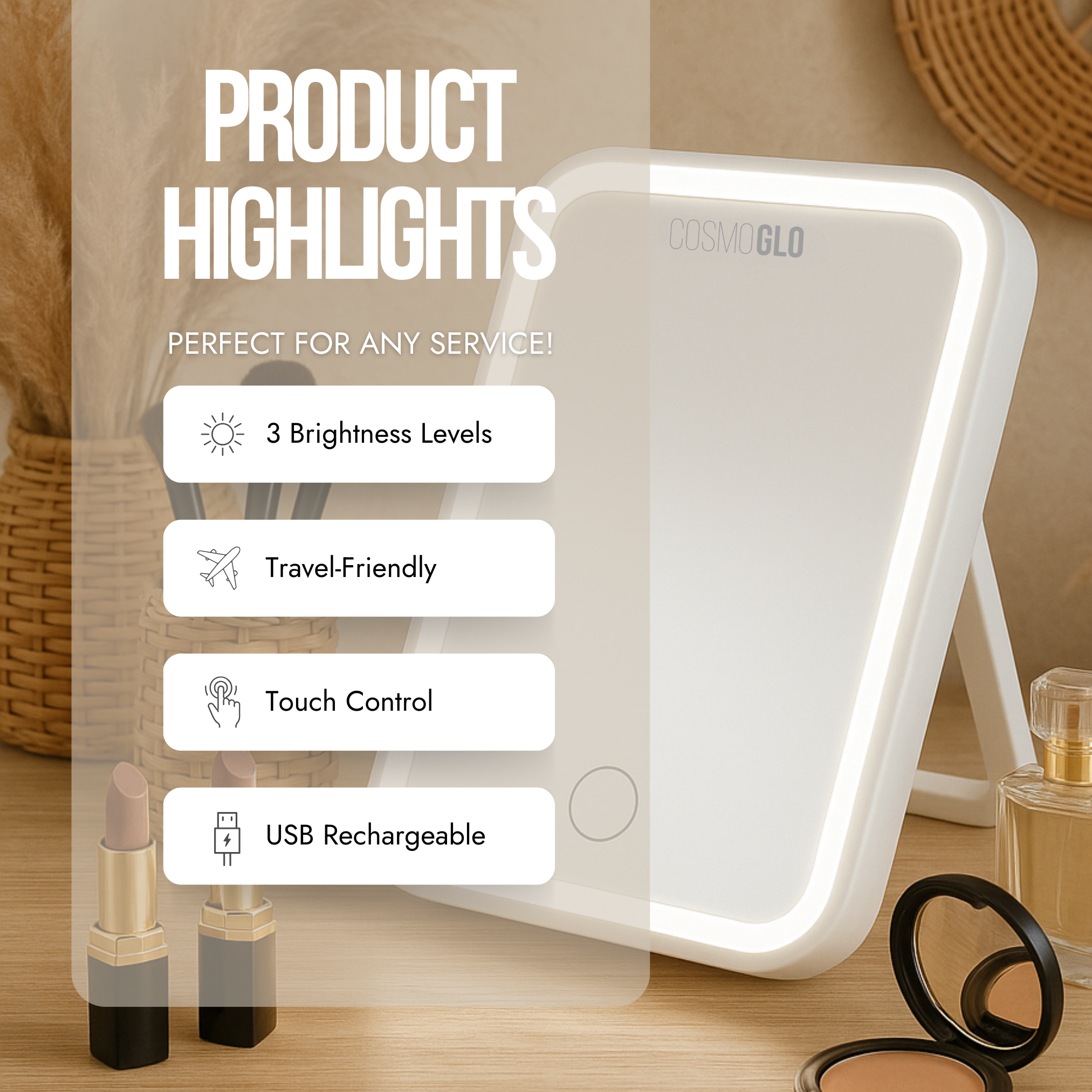 The CosmoGlo LED light-up mirror showing a sleek, illuminated makeup mirror with built-in LED lights for enhanced visibility.