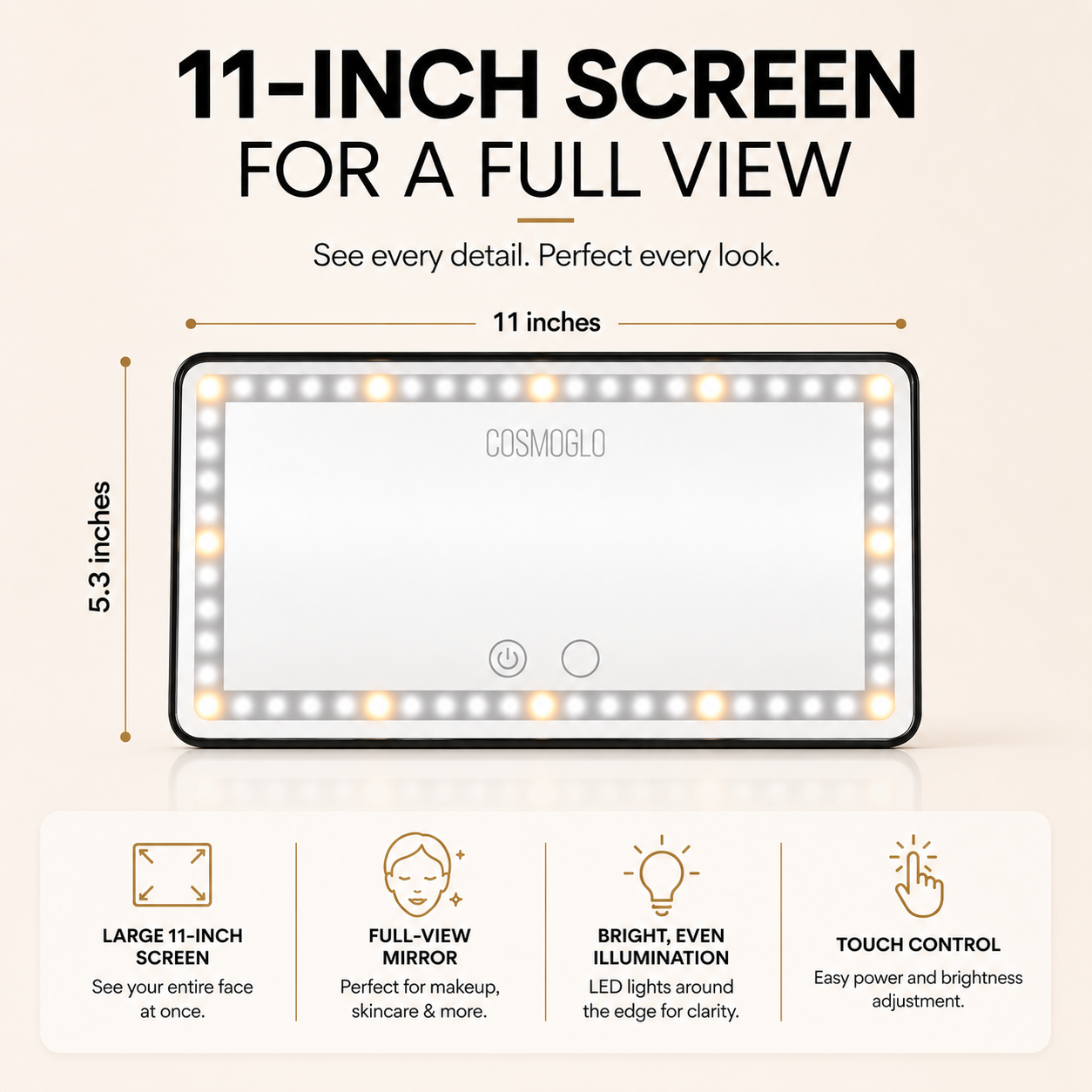 Lighted car visor mirror from The CosmoGlo Accessories, showing reflective surface with built-in LED lights.