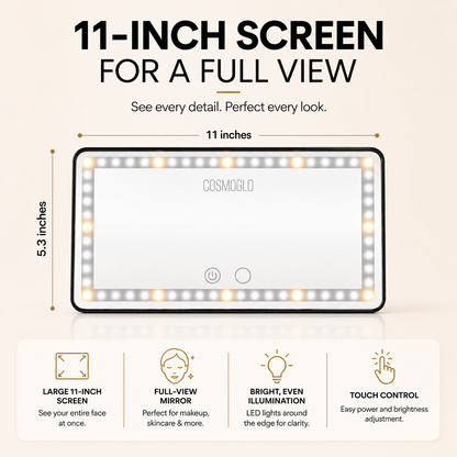 Lighted car visor mirror from The CosmoGlo Accessories, showing reflective surface with built-in LED lights.