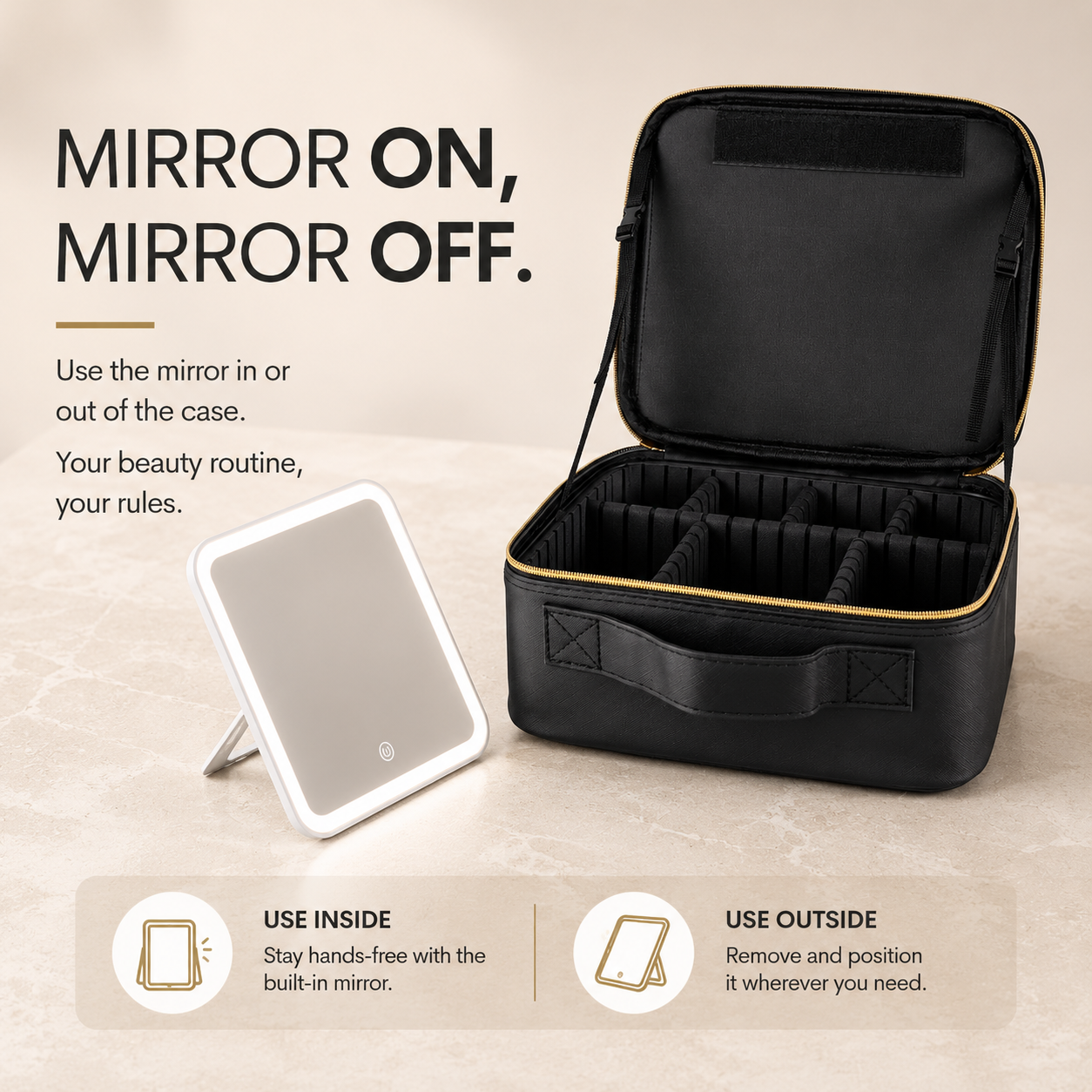 A black cosmetic organizer case with a built-in mirror, shown open with gold trim and interior compartments. Text on the image explains mirror-on and mirror-off use, with a small mirror pictured beside the case on a light beige surface.