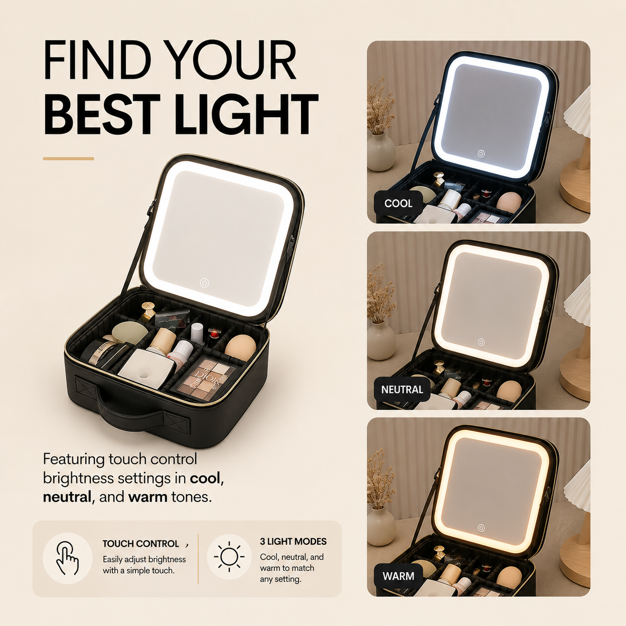 CosmoGloⓇ lighted makeup case with built-in mirror, compact storage for cosmetics and beauty accessories.