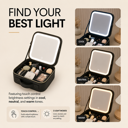 CosmoGloⓇ lighted makeup case with built-in mirror, compact storage for cosmetics and beauty accessories.