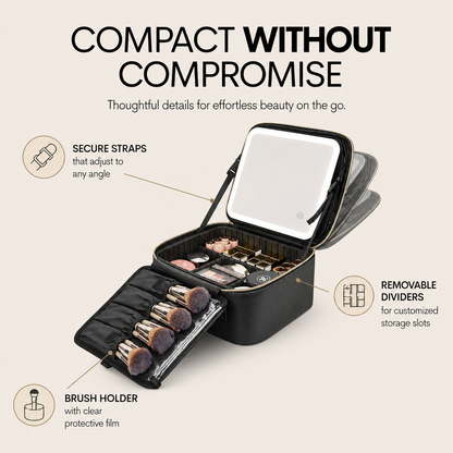 A black makeup case with an open mirror and pulled-out brush holder, shown on a light beige background with callout text and icons highlighting features like secure straps, removable dividers, and a brush holder.
