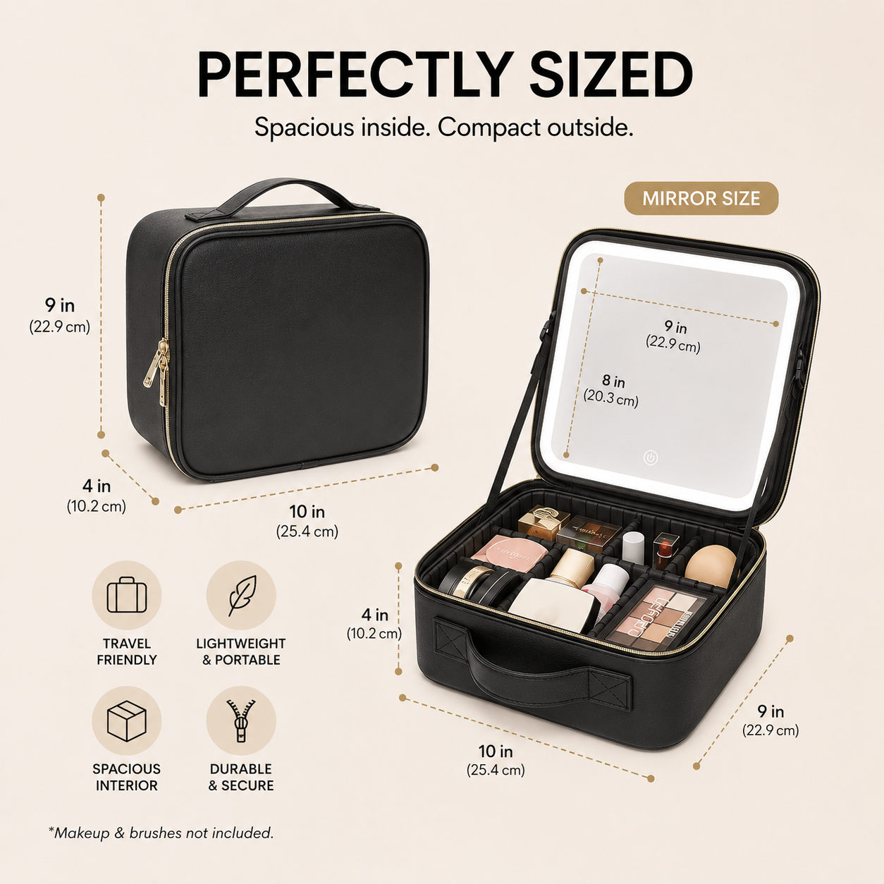 A black zippered makeup bag shown both closed and open on a beige background, with dimension labels, a mirror-size callout, and feature icons. Text at the top reads &