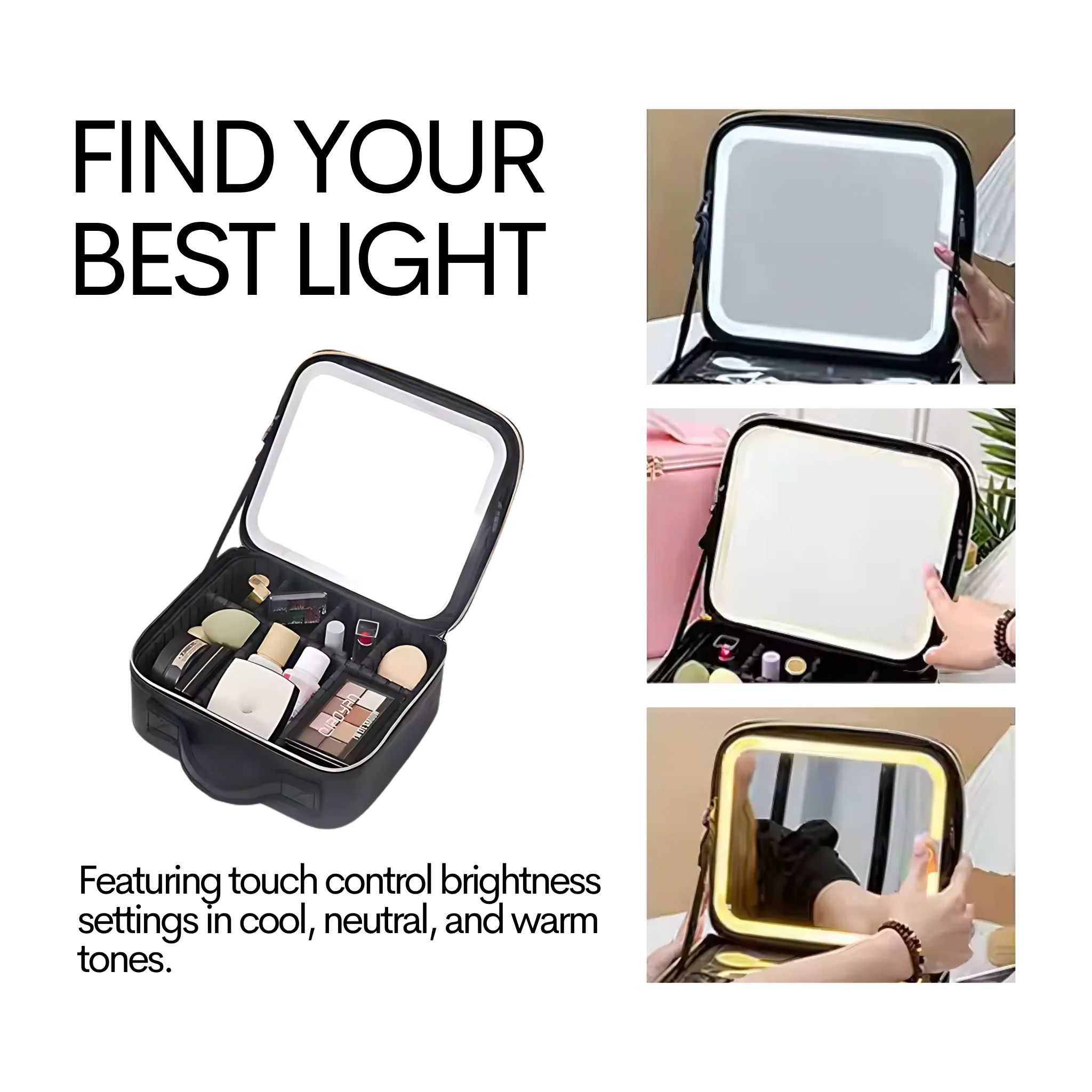 CosmoGloⓇ lighted makeup case with built-in mirror, portable accessories organizer with LED lighting and multiple compartments.