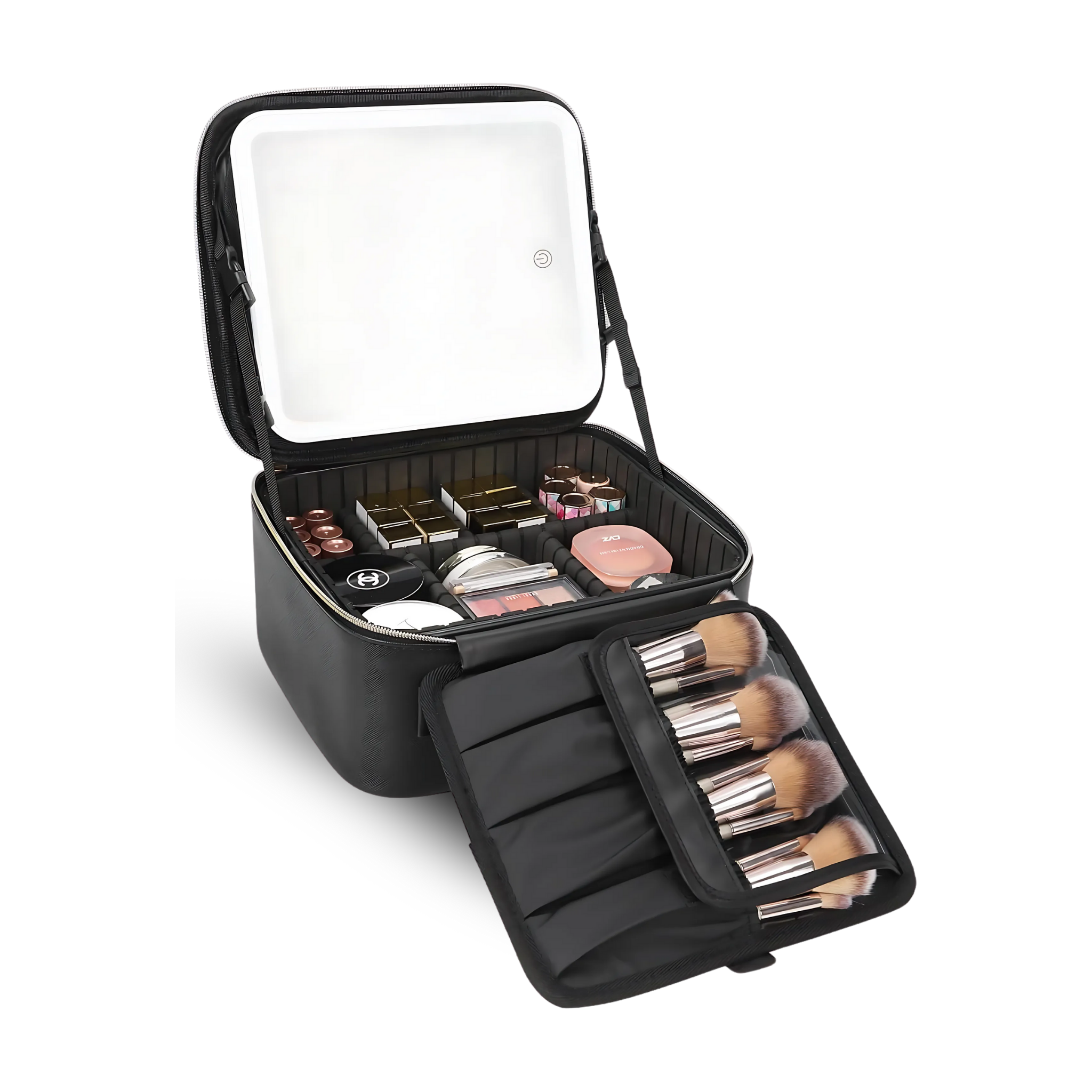 CosmoGloⓇ lighted makeup case with built-in mirror, portable accessories organizer for cosmetics and beauty tools.