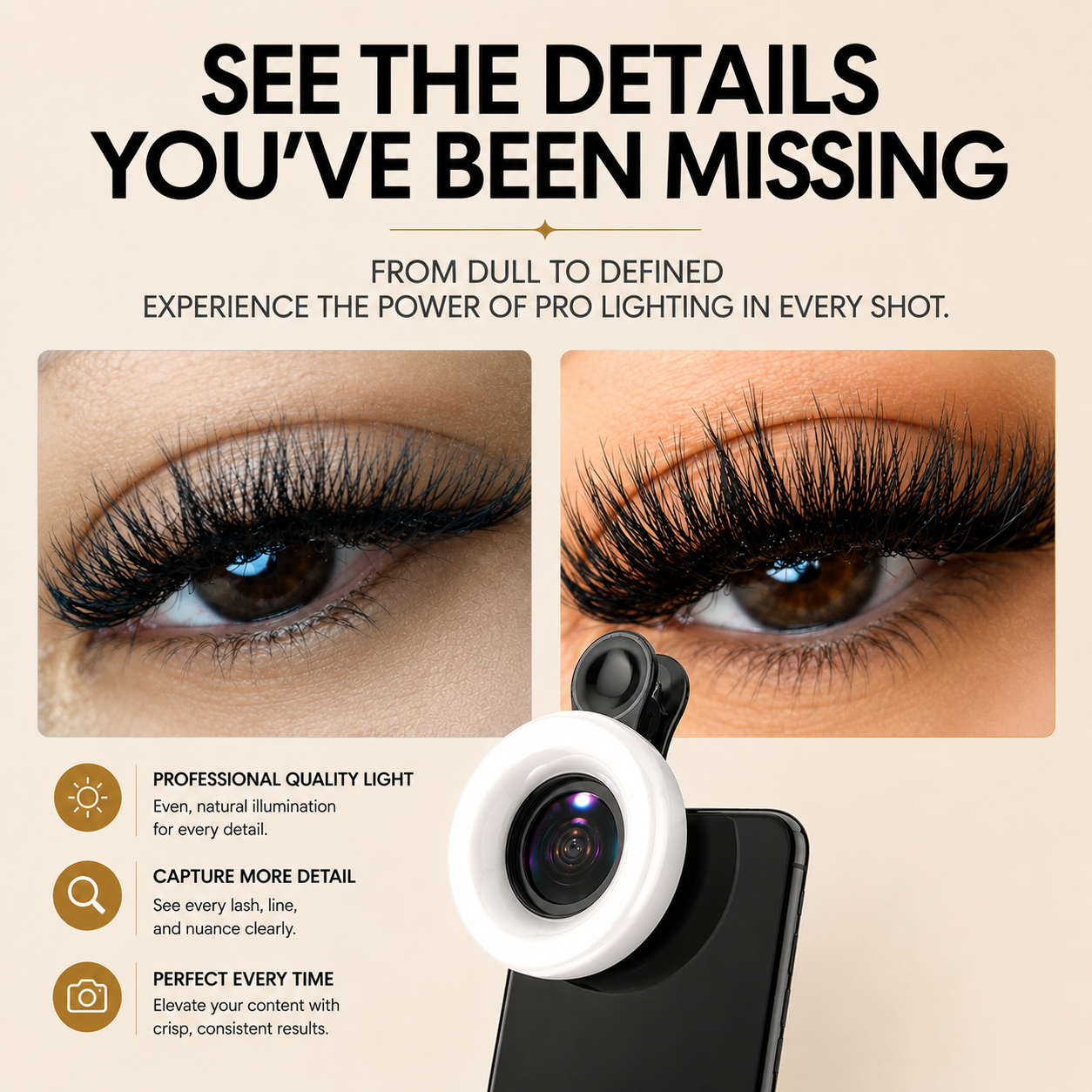 Black CosmoGlo Mini Ring Light Macro Lens accessory for enhanced close-up photography and detailed images.