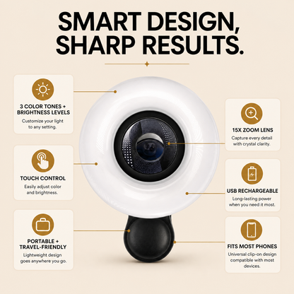 Black CosmoGlo Mini Ring Light Macro Lens accessory for smartphones, designed for close-up photography and enhanced lighting.