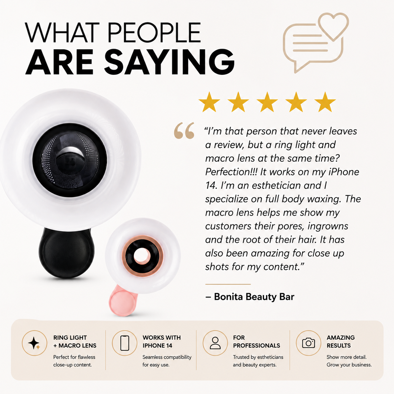 CosmoGlo Mini Ring Light Macro Lens accessory for smartphones, featuring integrated LED light for close-up photography.