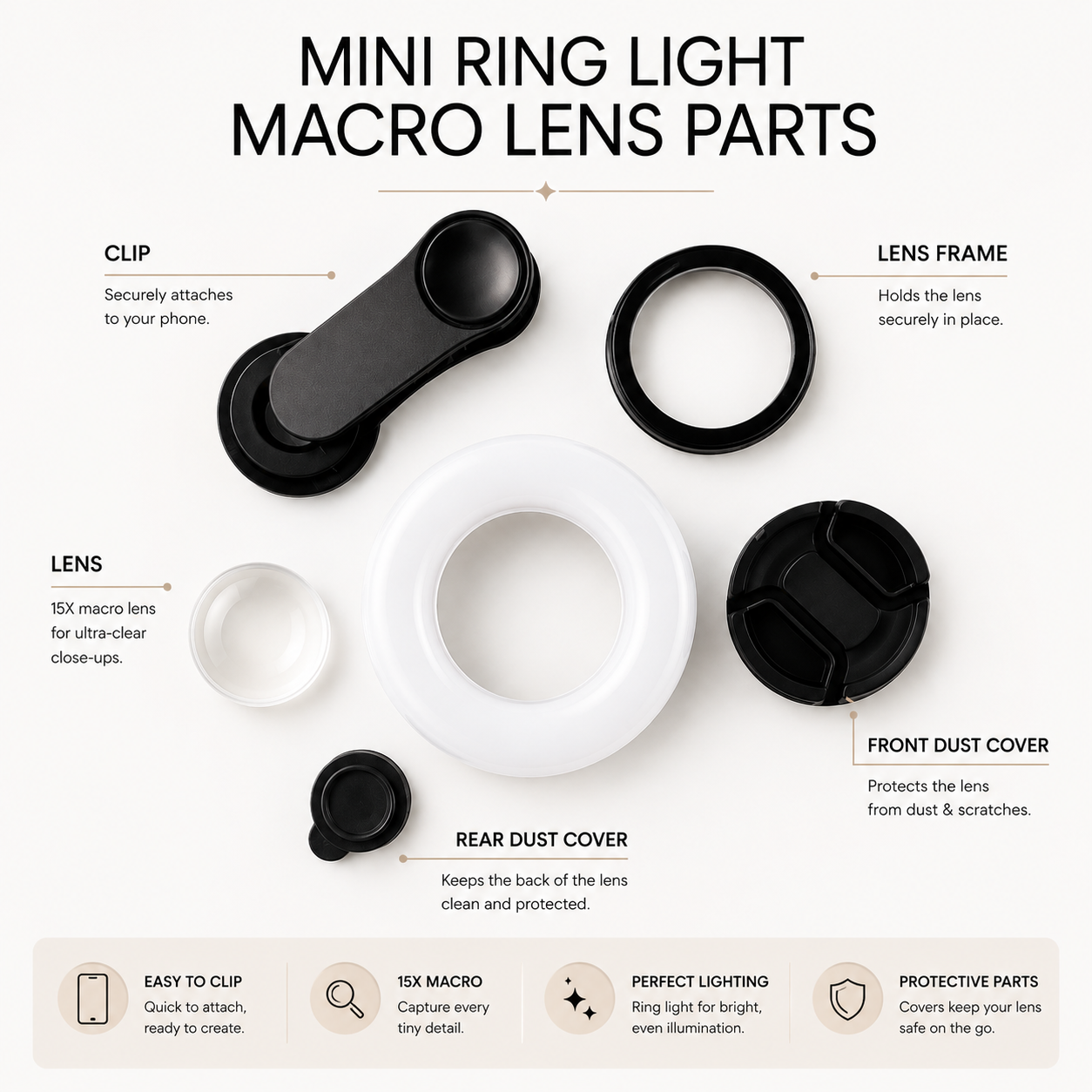 Black CosmoGlo Mini Ring Light Macro Lens accessory for smartphones, designed for close-up photography and enhanced lighting.