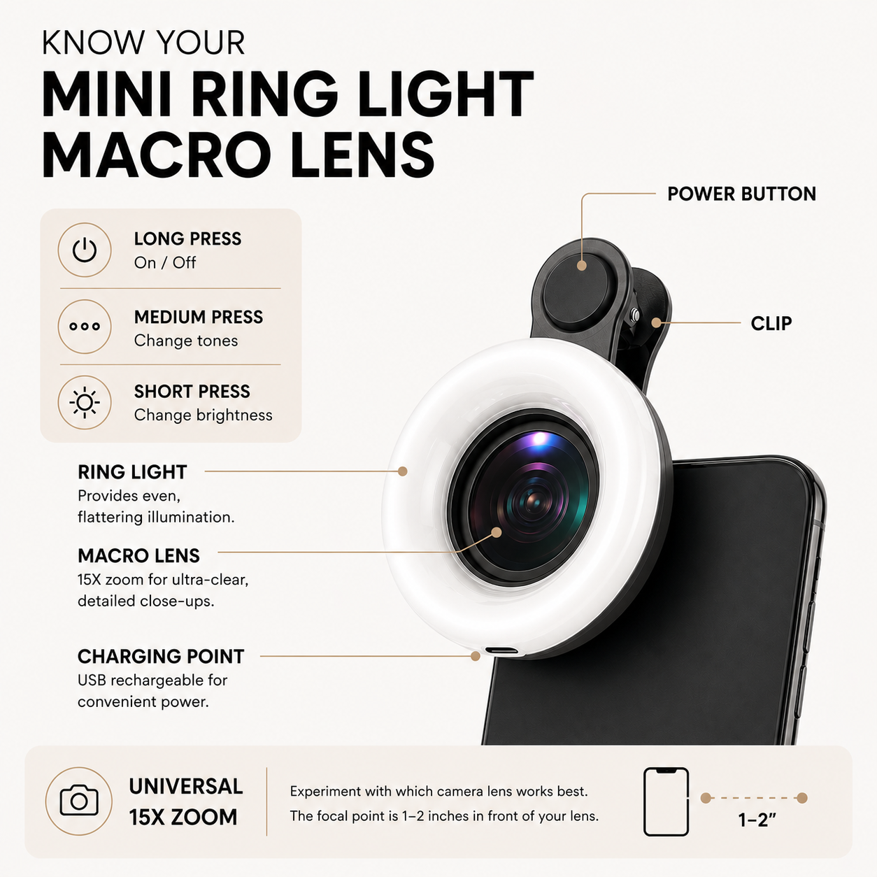 Black CosmoGlo Mini Ring Light Macro Lens accessory for close-up photography, designed for detailed macro shots.