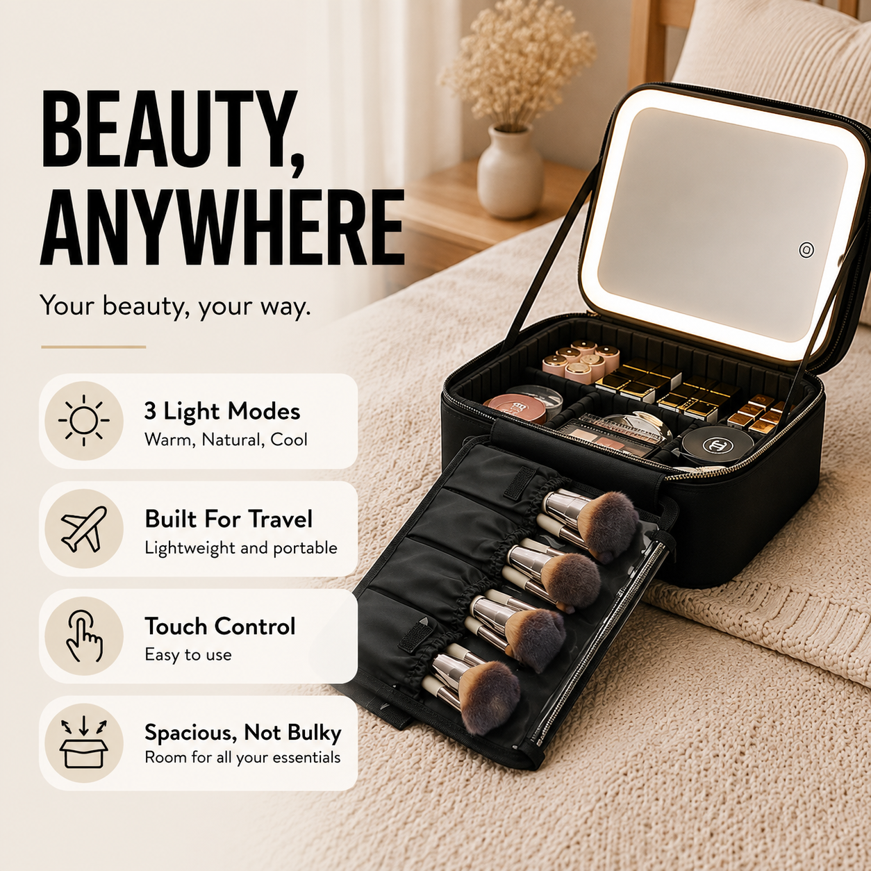 CosmoGloⓇ lighted makeup case with built-in mirror, featuring LED illumination and organized compartments for cosmetics storage.