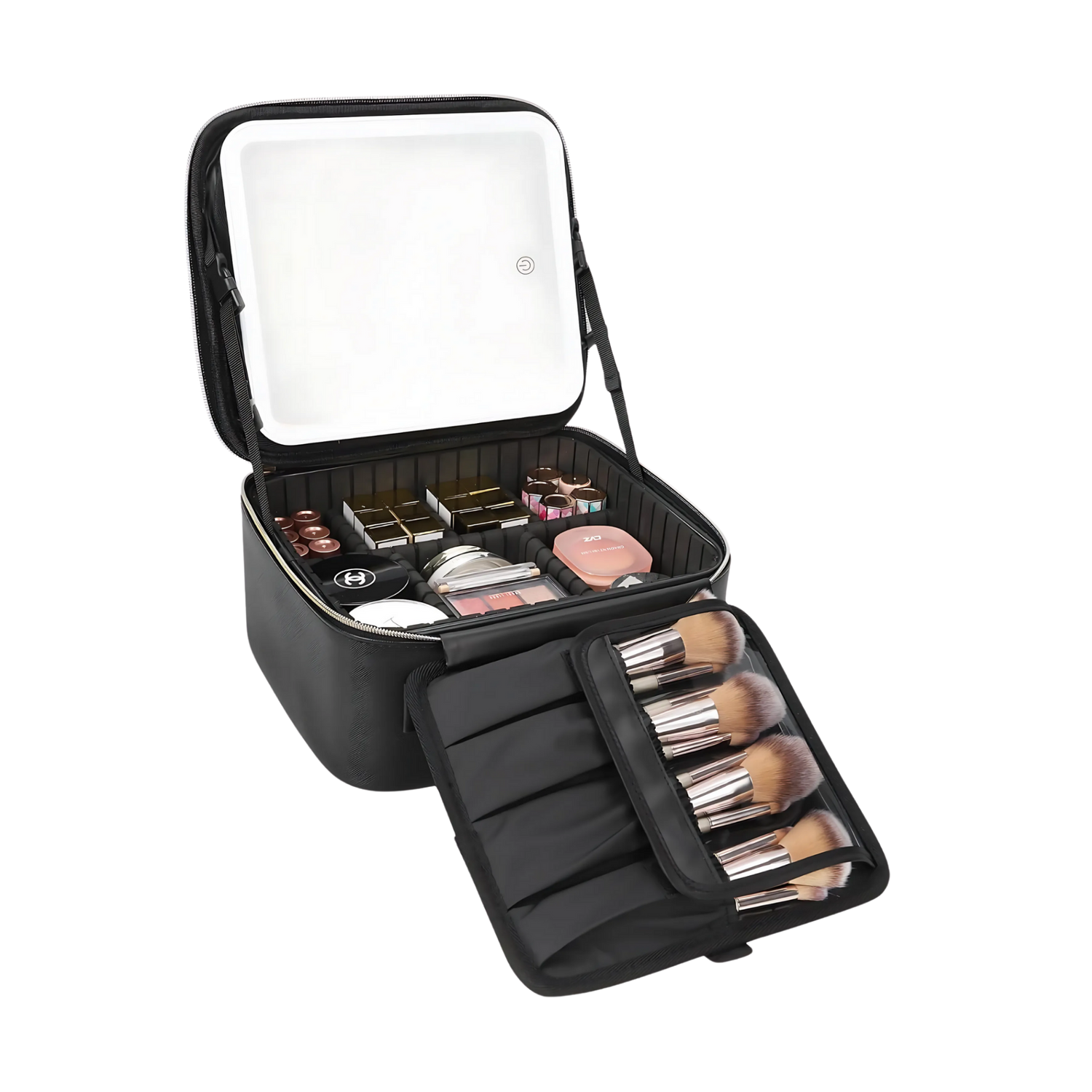 Black makeup case with light up led mirror with open lid and compartments filled with makeup items.