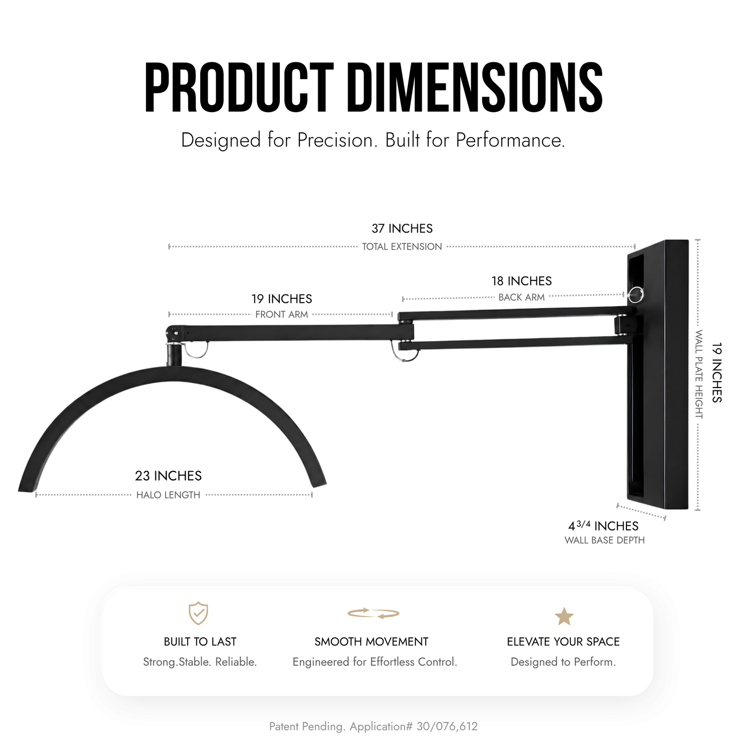 Product dimensions diagram for a black wall-mounted swing-out light fixture, showing front arm length, back arm length, half length, total extension, wall base depth, and wall back height on a white background.