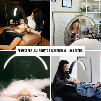Collage of a LED beauty lamp being used by various professionals in different settings.