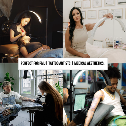 Collage of people in various settings, including a tattoo artist and a woman with a device.