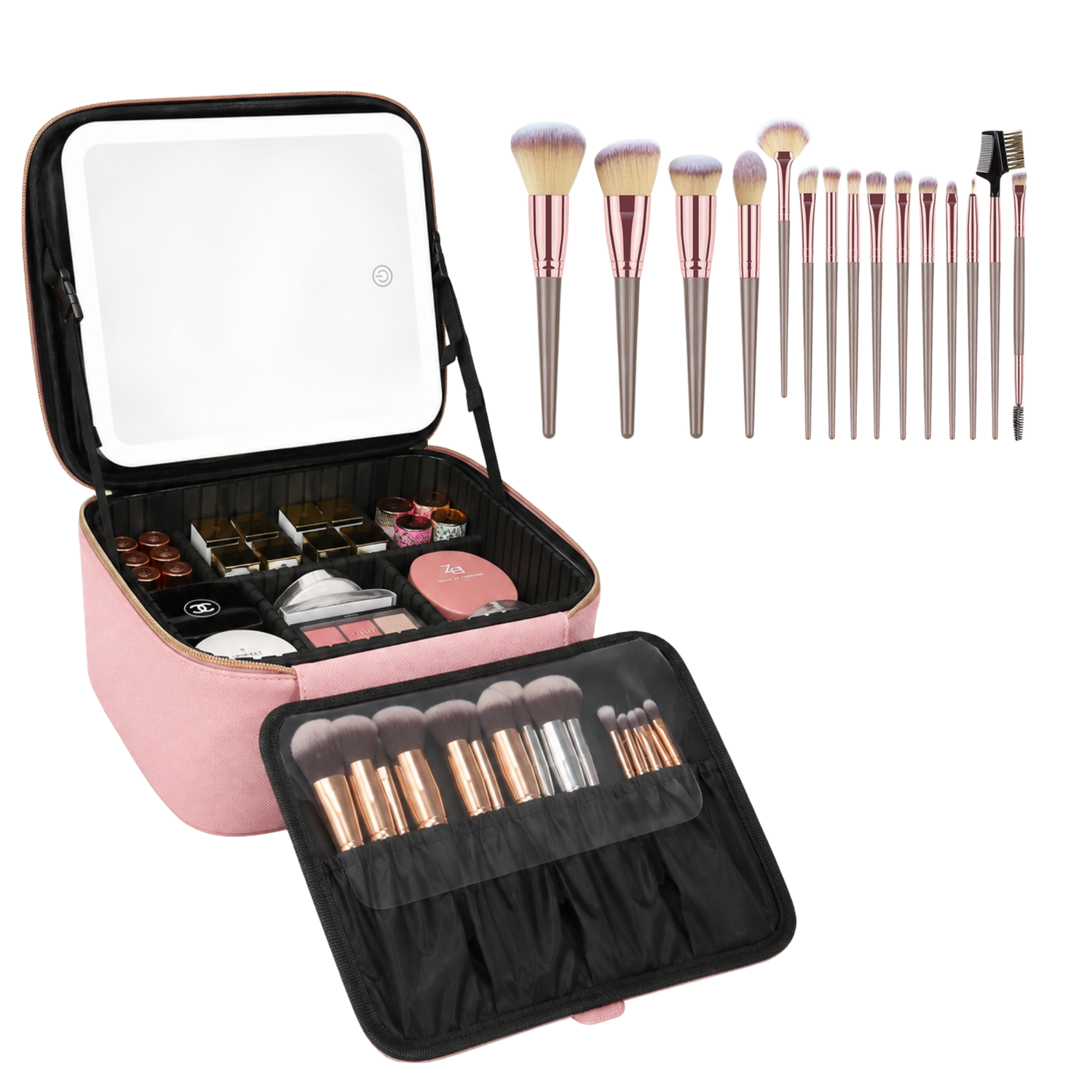 A pink makeup case shown open, with a built-in mirror on the lid, makeup items inside the case, and a set of makeup brushes displayed above and in the front pocket. The brushes have light pink bristles and metallic rose-gold handles.
