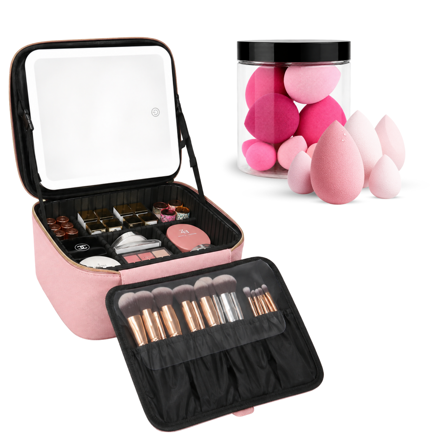 pink makeup case with pink beauty blender set