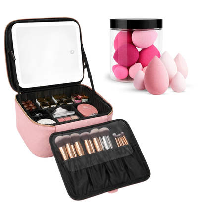 pink makeup case with pink beauty blender set