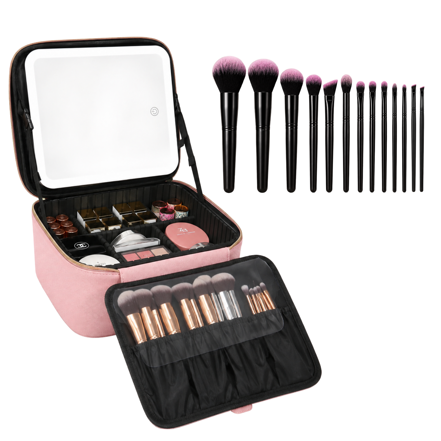 A pink makeup case shown open on a white background, with a built-in mirror on the lid, cosmetics inside, and multiple makeup brushes arranged in front and above the case. The brushes have black handles and pink-purple bristles.