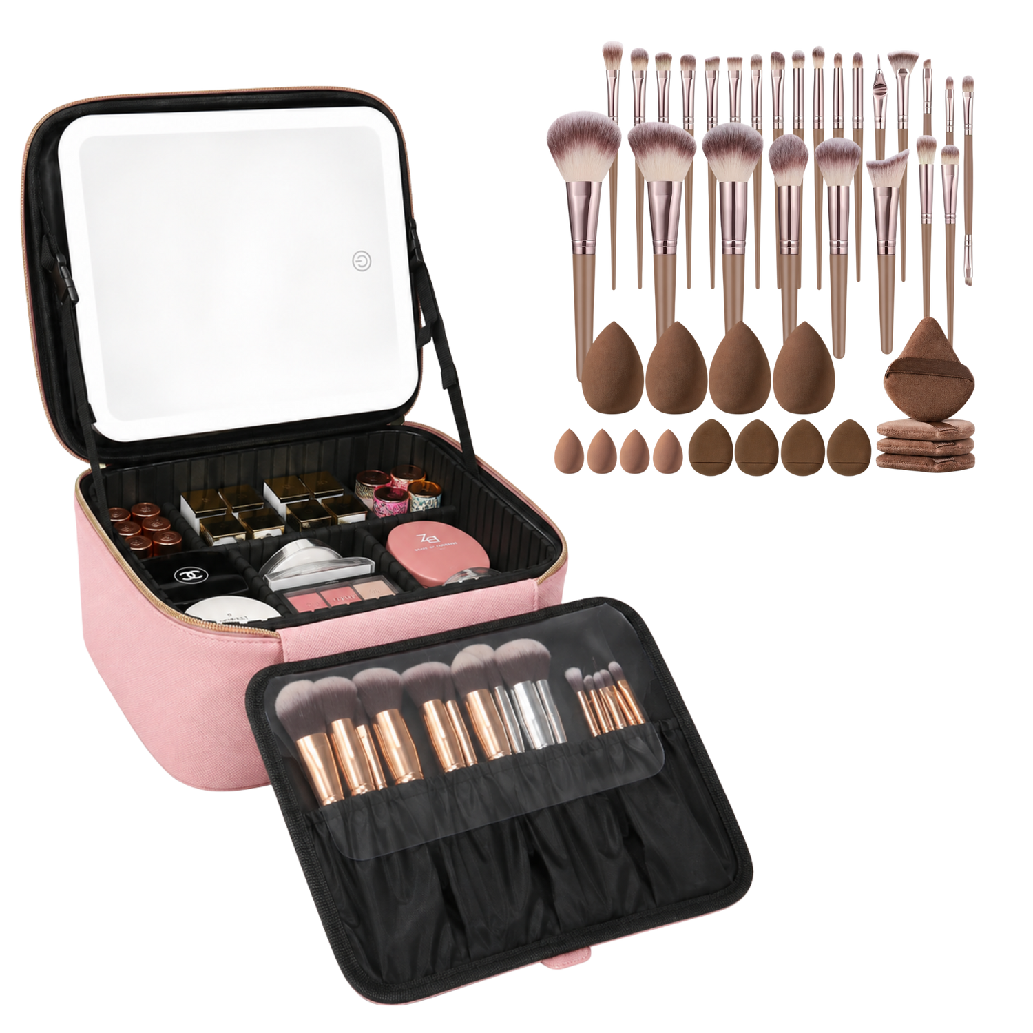 A pink makeup vanity case shown open, filled with cosmetics, alongside a large set of makeup brushes, sponges, and applicators on a white background.