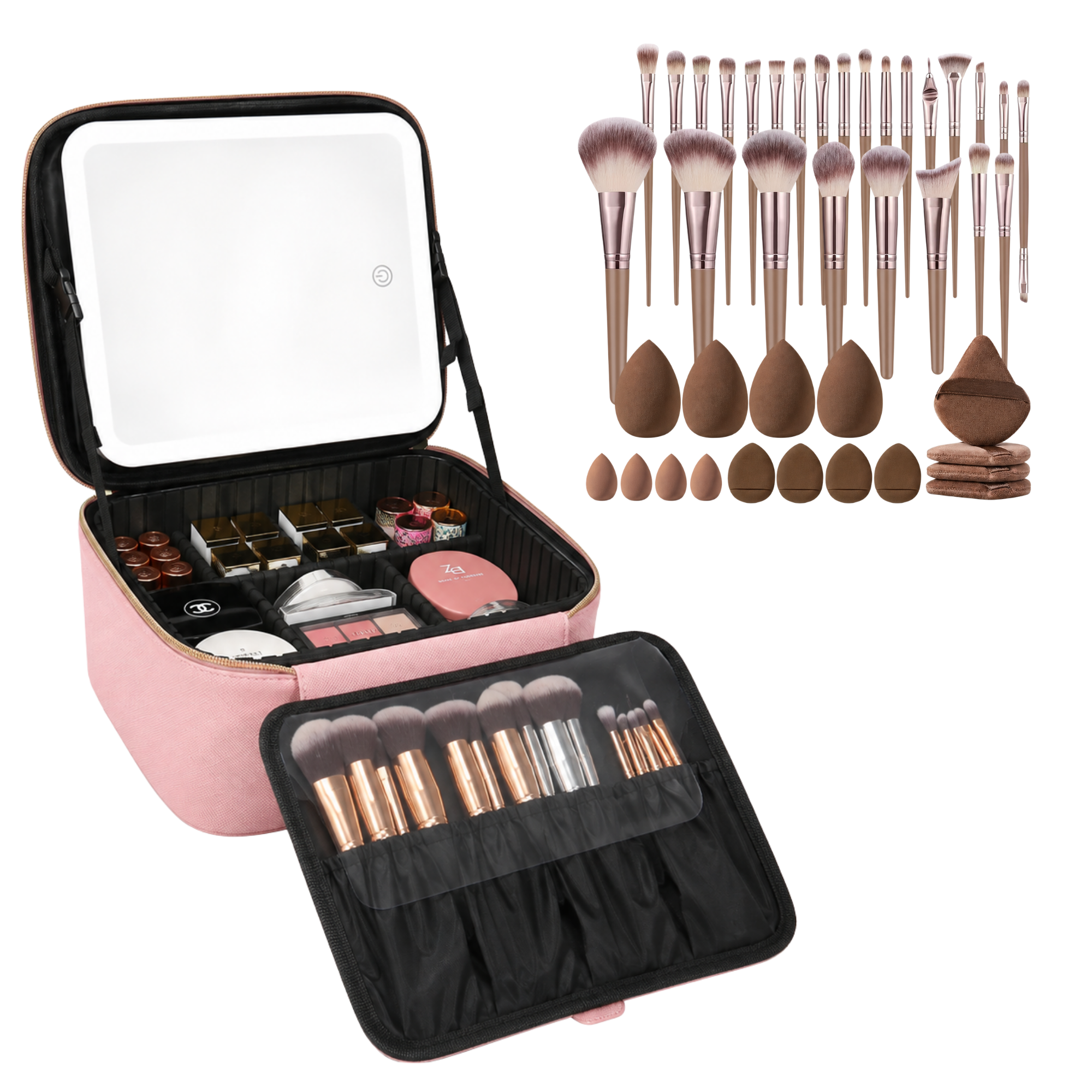 A pink makeup vanity case shown open, filled with cosmetics, alongside a large set of makeup brushes, sponges, and applicators on a white background.