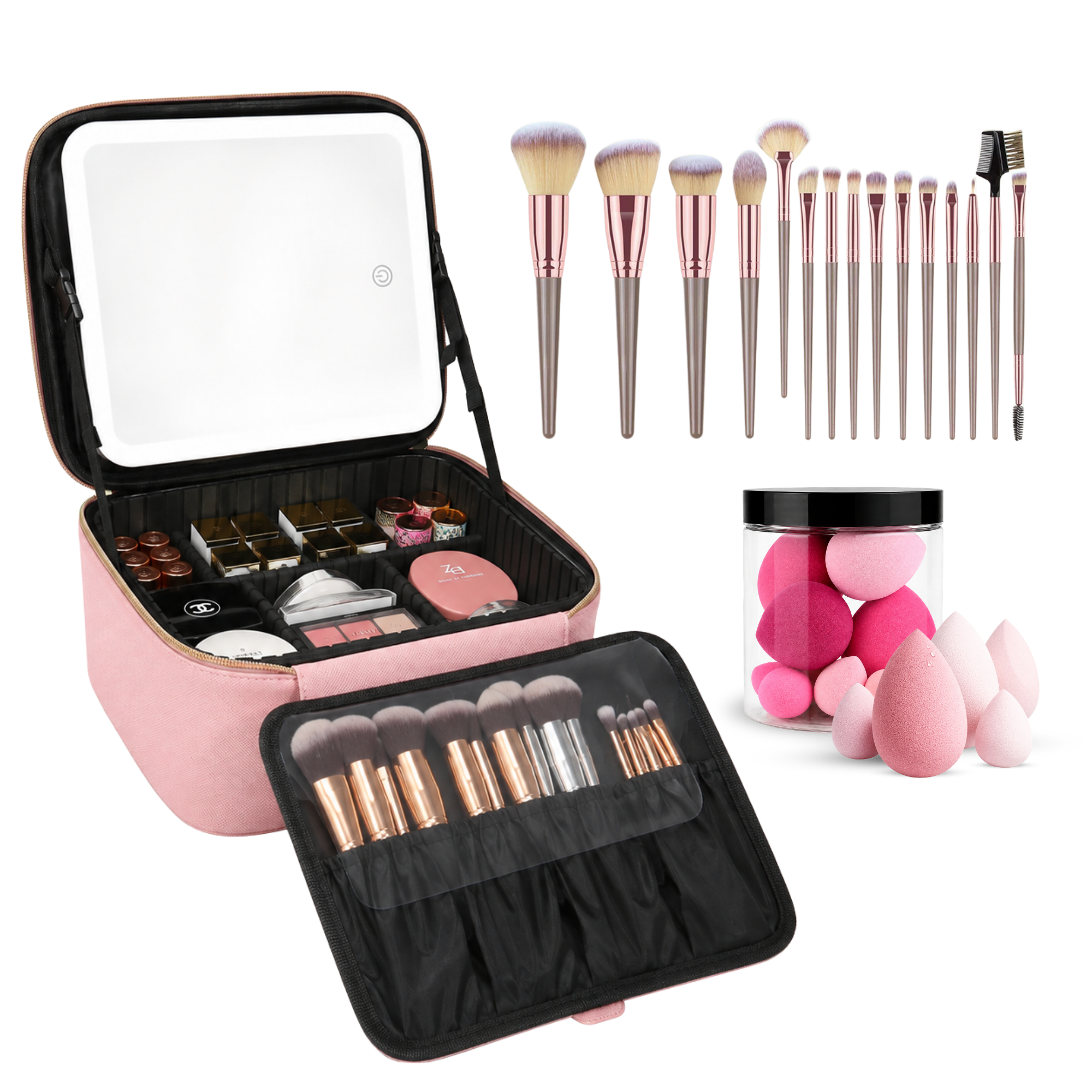 A makeup brush and case set displayed on a white background, including a pink zip cosmetic case with an open mirror, multiple makeup brushes in rose gold and beige bristles, a jar of pink makeup sponges, and several makeup sponges scattered around.