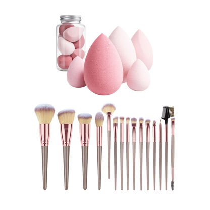 CosmoGloⓇ makeup brush and beauty sponge bundle with soft brushes and a versatile blending sponge for flawless application.