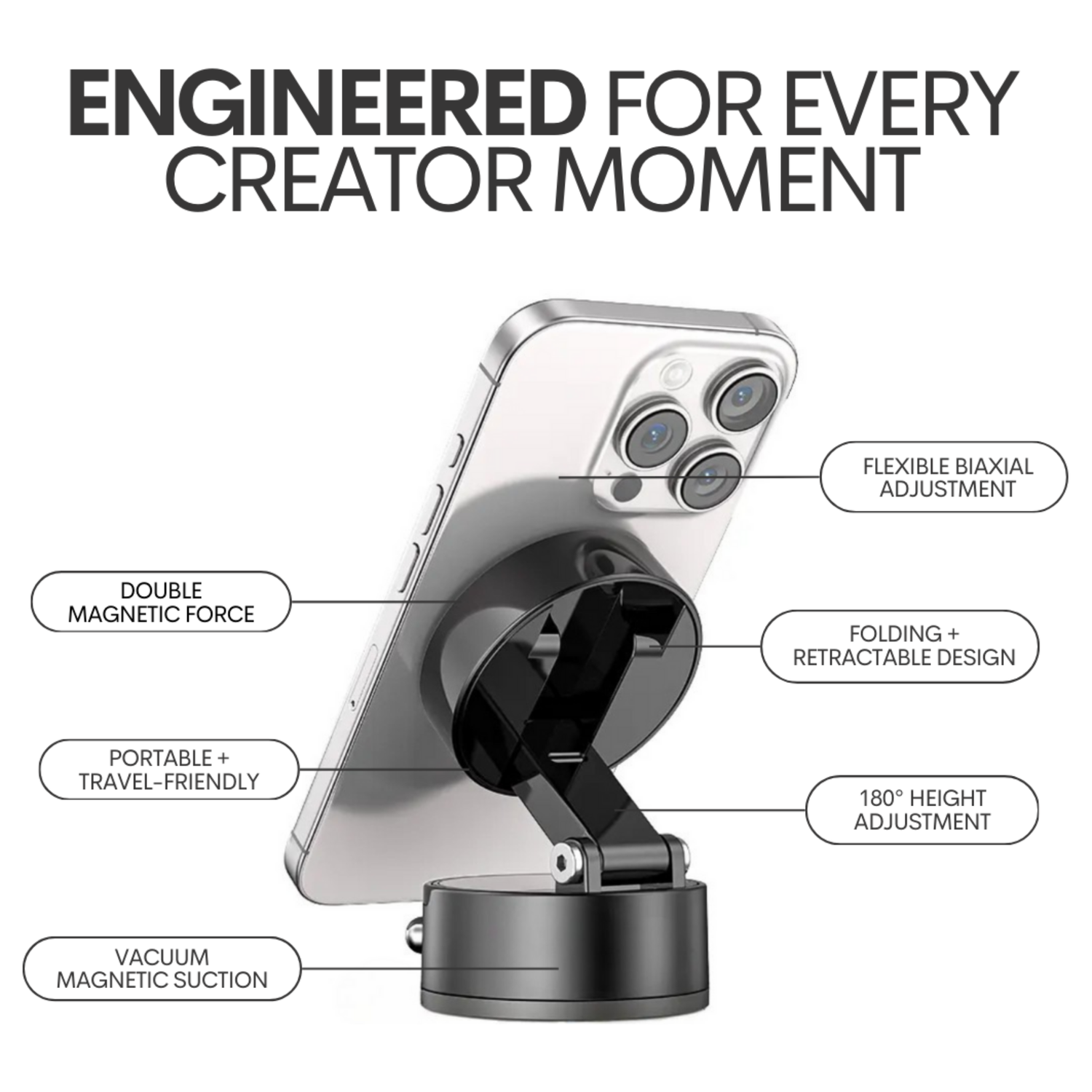 Portable phone holder for content creation with 180° angle adjustment

