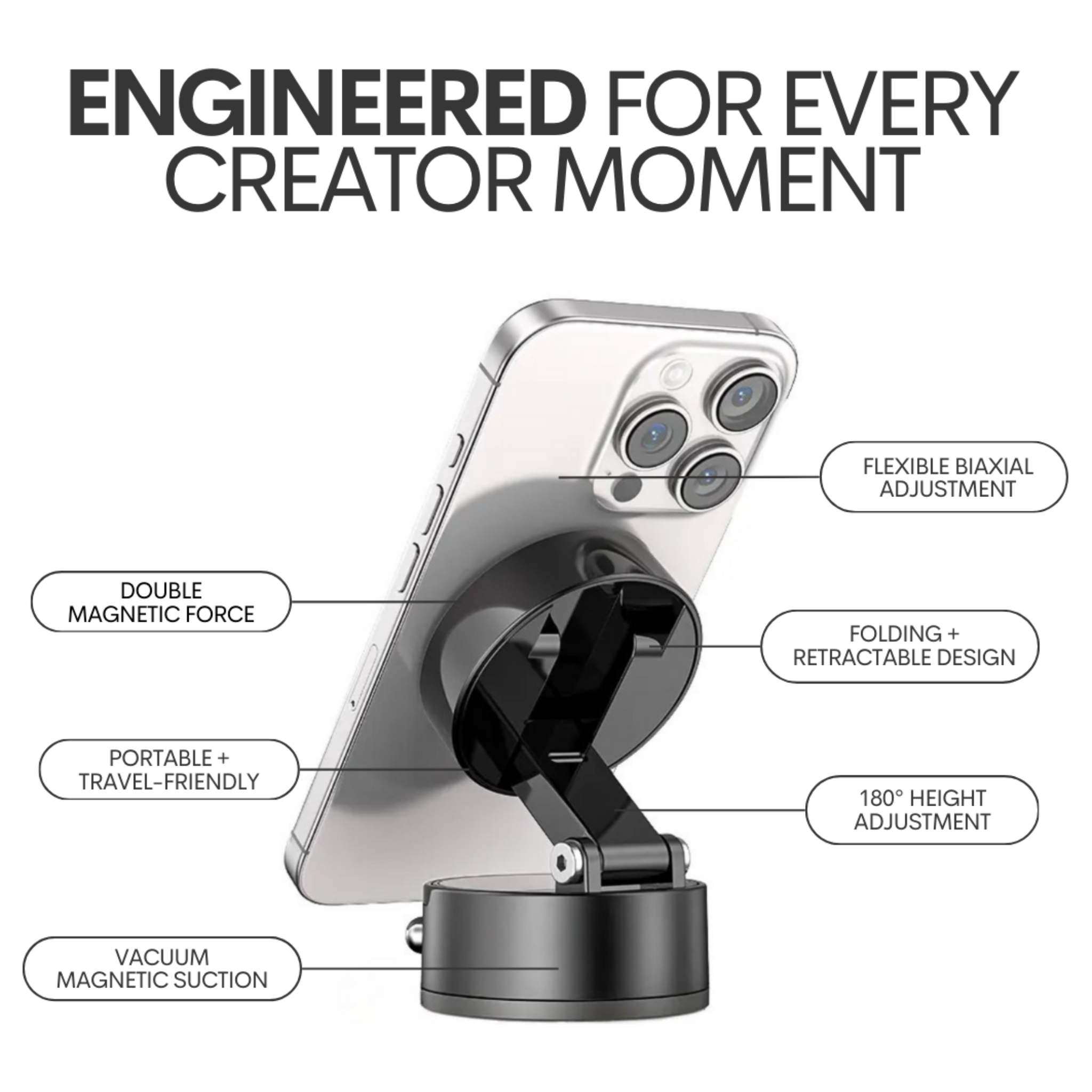 Black Content MagMount accessory by The CosmoGlo, shown attached to a magnetic surface for holding devices or accessories.