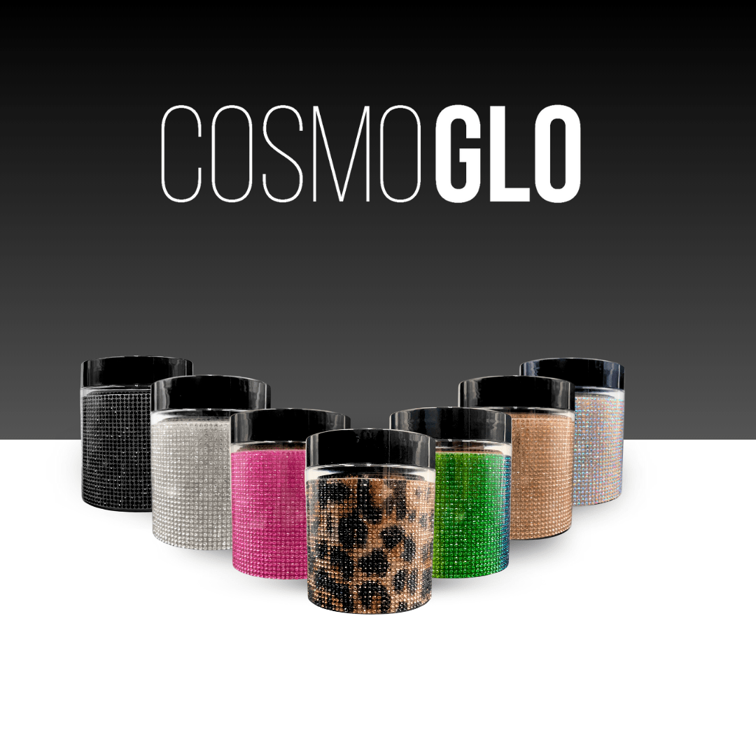 CosmoGlo Halo Accents in round, small clear jars with a black lid. Shows all seven color variations.