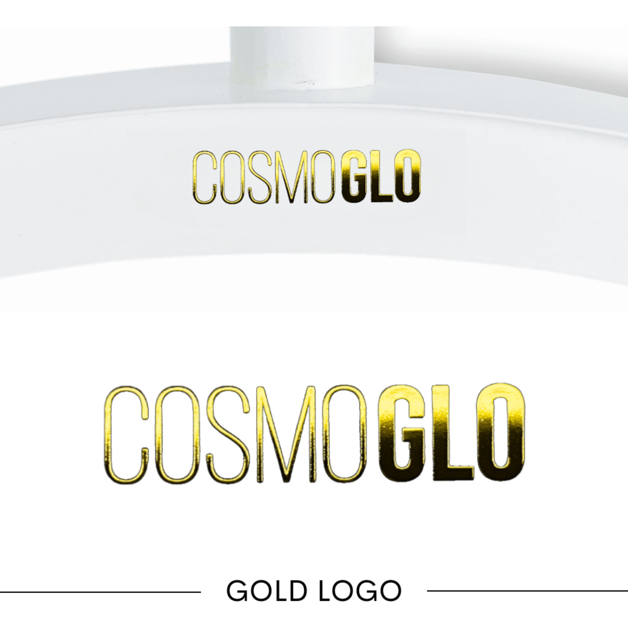 Set of four gold CosmoGlo logo decals, accessory stickers with the brand&