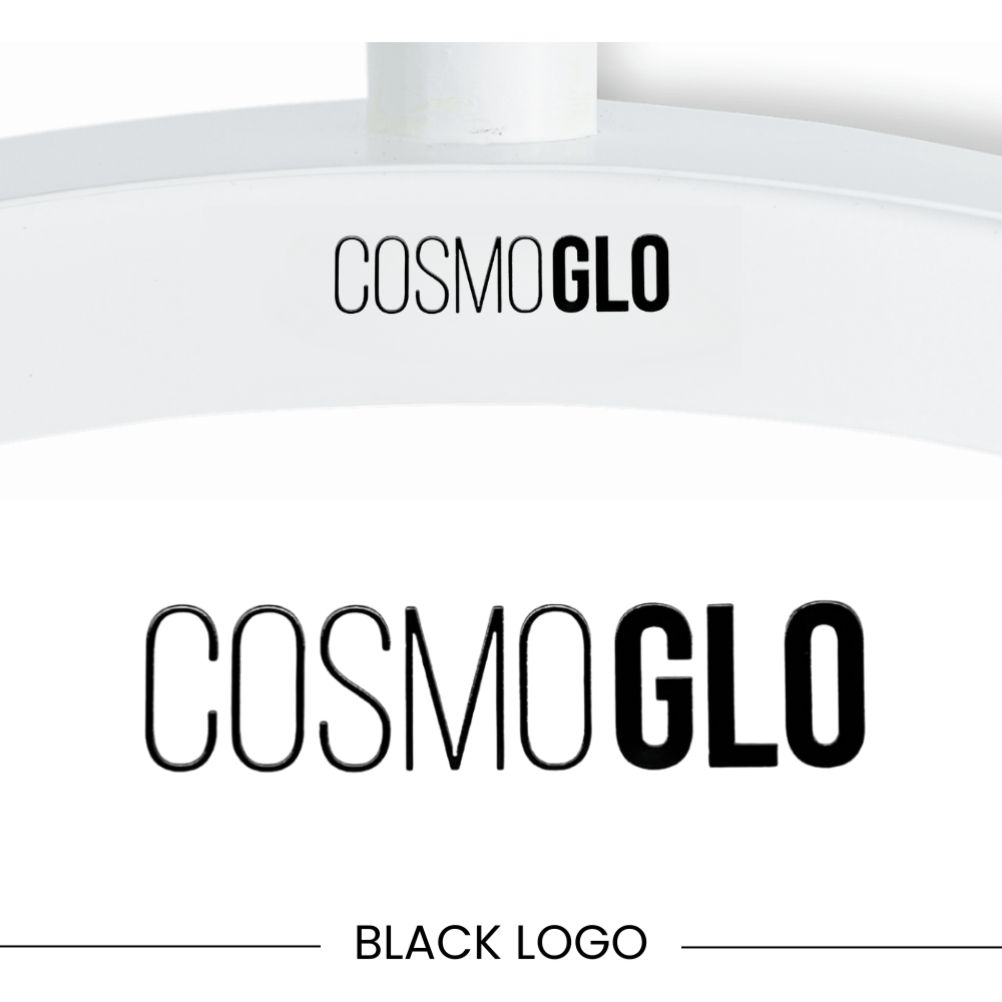 Set of four gold CosmoGlo logo decals, accessories from The CosmoGlo brand, featuring sleek design and branding details.