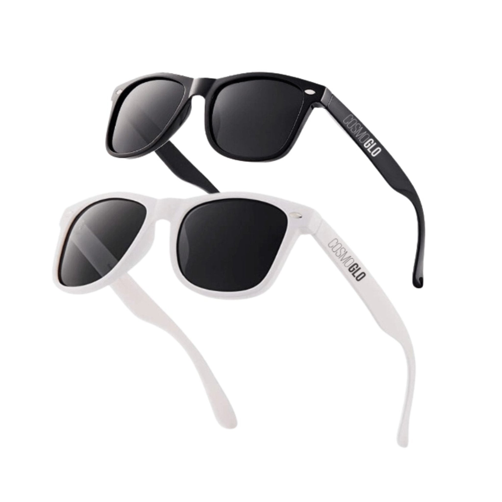 Black CosmoGlo sunglasses from The CosmoGlo apparel collection, featuring sleek frames and tinted lenses.