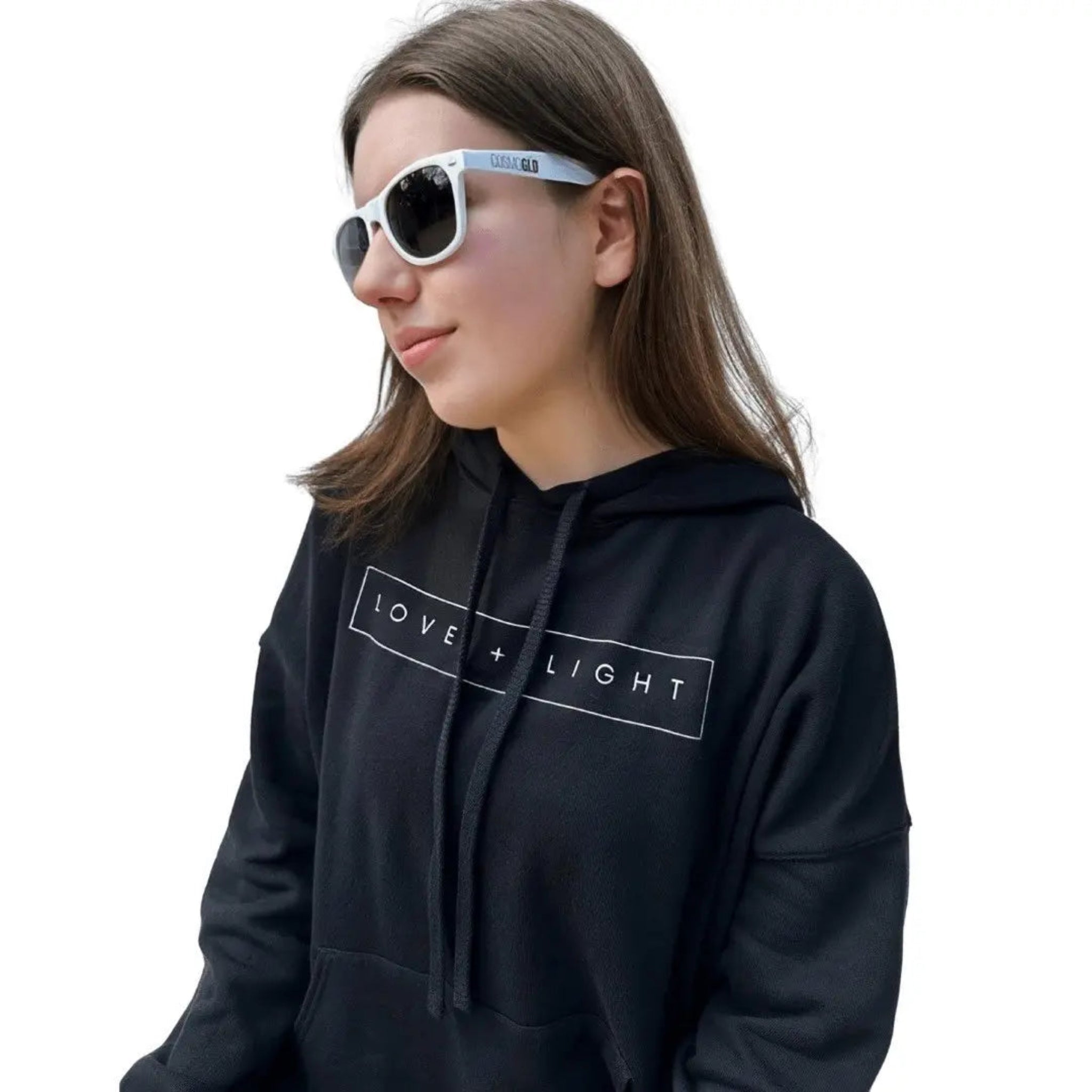 Love + Light Pullover Sweatshirt by The CosmoGlo, soft cozy apparel in light color with a relaxed fit and minimalist design.