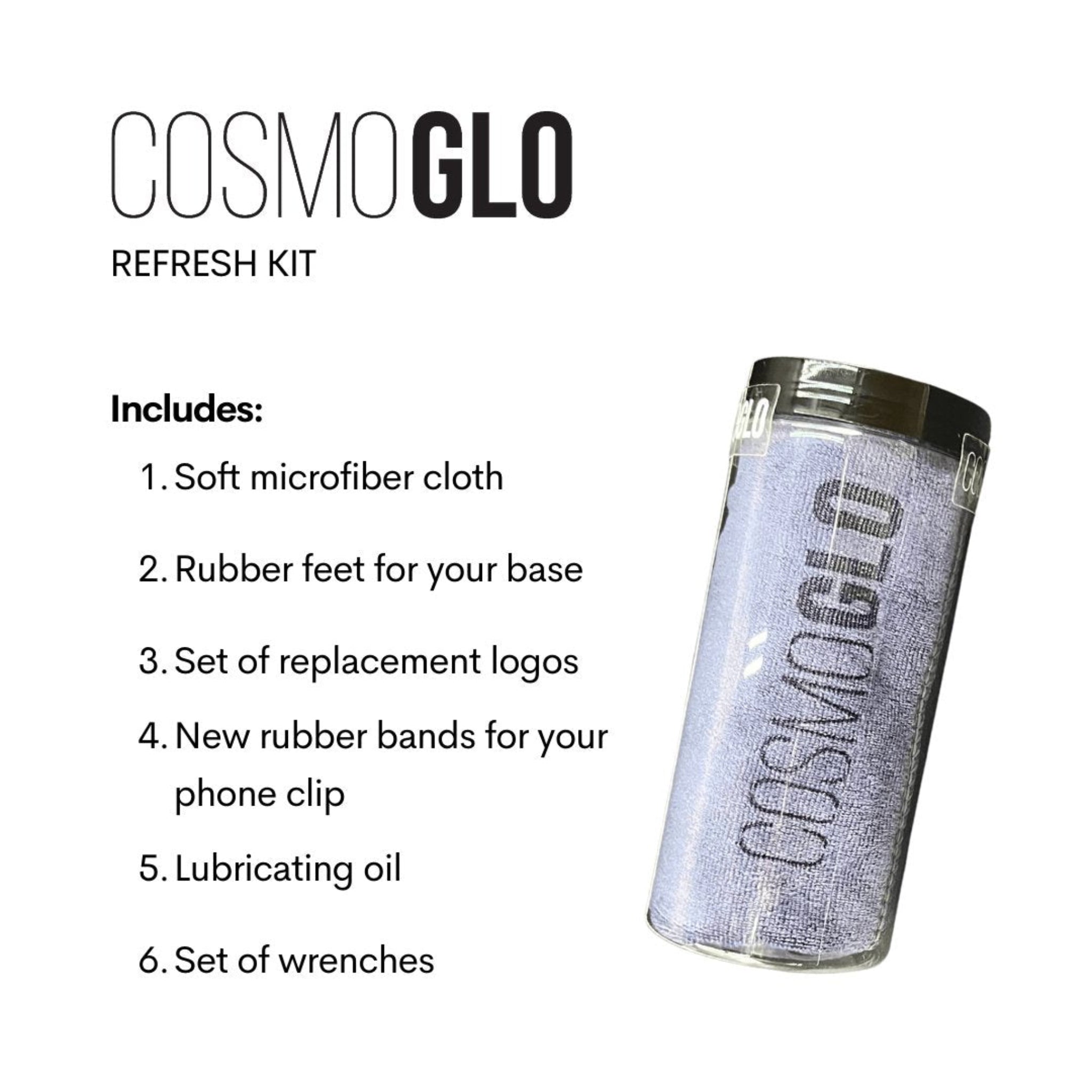 CosmoGlo Refresh Kit parts by The CosmoGlo, featuring various components for skincare device maintenance and refreshment.