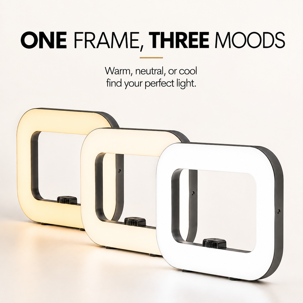Three square ring lights in warm yellow, neutral cream, and cool white, arranged diagonally on a light beige background with the text &